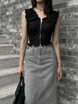 SALE! Gray washed denim back slit H-line long skirt (Gray)
