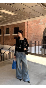 Backless lace point black long-sleeved shirt