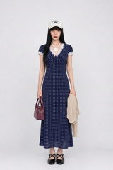 VINTAGE LACE-TRIM POLKA DOT MAXI DRESS