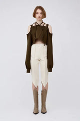V　Cut　rib　half　pants