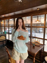 Mint off-shoulder lace long-sleeved see-through knitwear