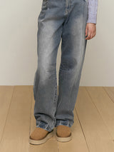 WASHING PIN TUCK NAPPING WIDE-FIT DENIM PANTS [BLUE]