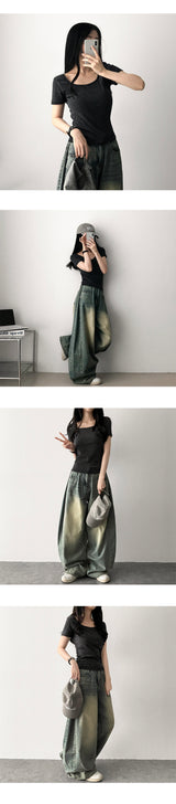 Rmin Side Pintuck Summer Long Pants Denim Wide Pants [Choose short and long]