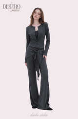ロイヤル チャコール フリル トレーニング スリーピース セットアップ (Cardigan+Sleeveless+Pants)