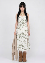 OLIVE PETAL TIE HALTER SLIT DRESS
