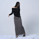 FOLDING WAIST BAND MAXI SKIRT (CHARCOAL KHAKI)