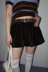 VELOUR BALLOON MINI SKIRT WITH STITCH BELT SET (BROWN)