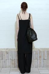 [SET-UP] DEEP SLIT DRESS, EASY BANDING SLACKS SET_NAVY