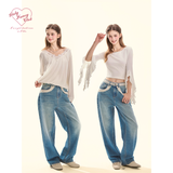 [GirlyFancyClub] Women's Lyocell Fiber Soft and Comfortable Lace Patch Retro Washed Blue Jeans