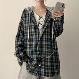 Perin ボクシー フード付きチェック柄シャツ