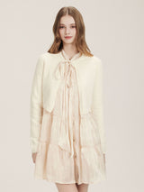 Peach puff ribbon neck shirt button dress