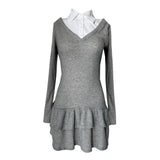  V-neck shirt cancan ribbed long sleeve dress (2 colors)