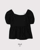Square Puff Ribbon Short Sleeve Blouse (2color)