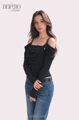 Tul off-shoulder frill long-sleeve tee 