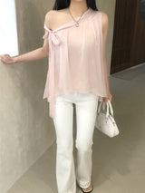 Lovie Unbal One-Shoulder Ribbon Chiffon Blouse