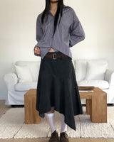 Poor Raw-Cut Washed Asymmetrical Cotton Midi Skirt