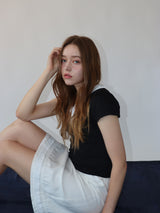 レースジップカラー半袖パフTシャツ(black)