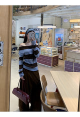 wool mohair stripe off-shoulder long-sleeved knitwear