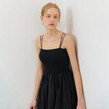 CAP SLEEVELESS SHIRRING LAYERED ONE PIECE BLACK