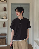 Harnel Layered Ribbed Henley Neck Short Sleeve T-shirt