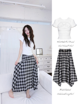 Black Checkered Unbalanced Long Skirt