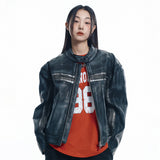 Washed Line Leather Jacket - BLACK