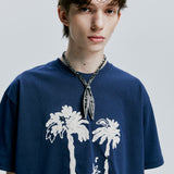 パームツリー＆アイレットチェーンニードルワークTシャツ　ネイビー