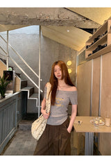 イエロークリームオフショルダーショートスリーブニットTシャツ
