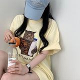 Renko overfit cat lettering printing short sleeve t-shirt