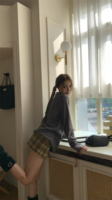 Round button waffle long-sleeved t-shirt