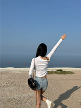 Unbuttoned off-shoulder halter strap long sleeve T-shirt (3 colors)