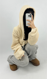 (LOWEST PRICE!/HOT DEAL♥) フリースシェルパフーディージップアップバンディングセミクロップドフーディー - 3 COLOR