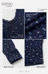Blue Floral Deep V Long Sleeve T-shirt