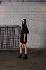 2Way Big Hood Off-Shoulder Mini Dress - Black