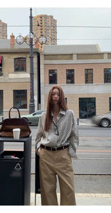 French checkered pocket loose fit long-sleeved shirt