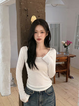 ナチュラル アイレット レイヤード ユーネック ティーシャツ (4color)