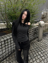 26SS★ [MADE] One-Shoulder Open Stripe Tee