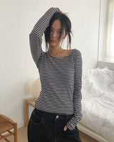 イボンヌストライプスリムフィット長袖Tシャツ