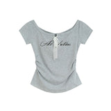 Lace Ribbon Shirred Off-Shoulder Tee 231837298