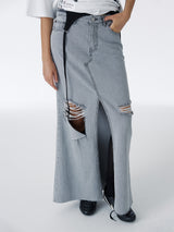 DAMAGED LONG DENIM SKIRT (GRAY)