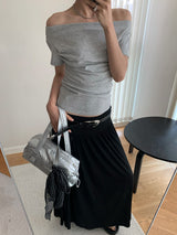 Hand shirring off-shoulder spandex short-sleeved T-shirt