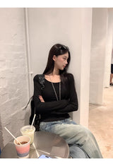 Backless lace point black long-sleeved shirt