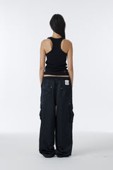 SATIN WIDE CARGO PANTS	(BLACK)