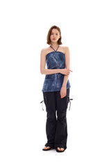 POCKET PRINTING HALTERNECK DRESS / BLUE