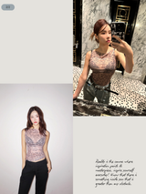ベージュレタリングシースルーノースリーブTシャツ
