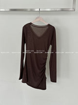 See-through Shirring V-neck Long T-shirt