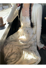 フォレストバックストラップスリーブレスロングドレス