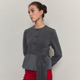 Bow Belted Jersey Peplum Blouse _ Grey