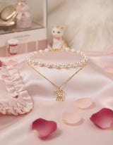 [Anti-tarnish] Kitty Layered Pearl Choker Necklace -Gold ver. (Kep1er Yujin Necklace)