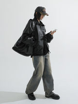 Raglan 2way zip-up leather Jacket